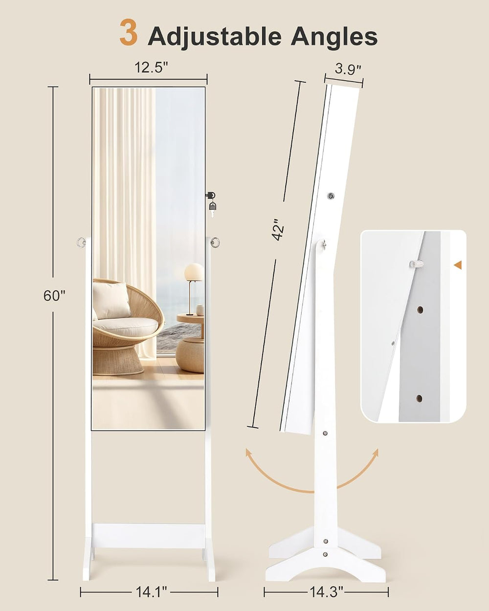 Nicetree Freestanding Jewelry Cabinet, Full Length Mirror, Moon White