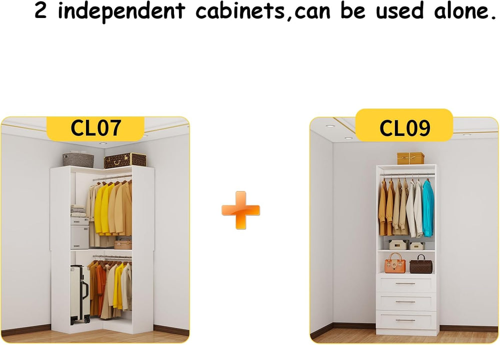 Closet System with 3 Drawers, Corner Closet Organizer System with 5 Hanging R...