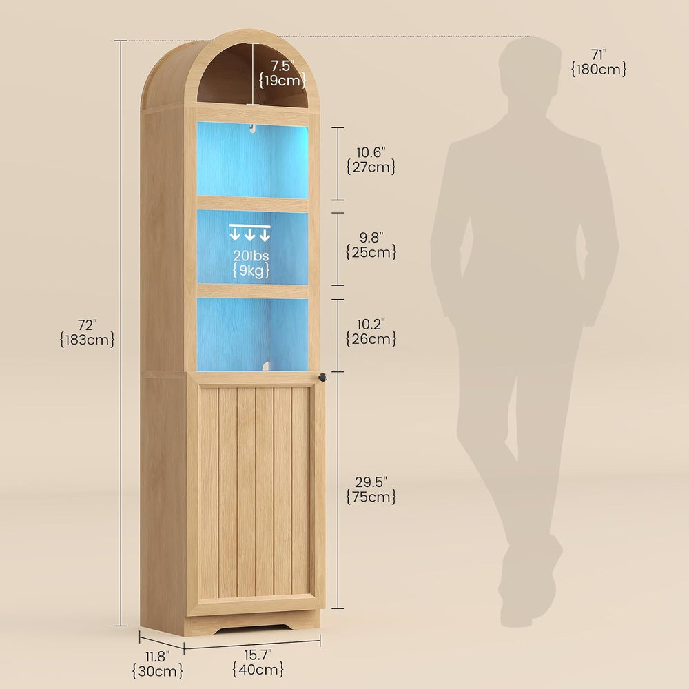 72" Tall Arched Narrow Bathroom Storage Cabinet with Lights, Slim Storag...