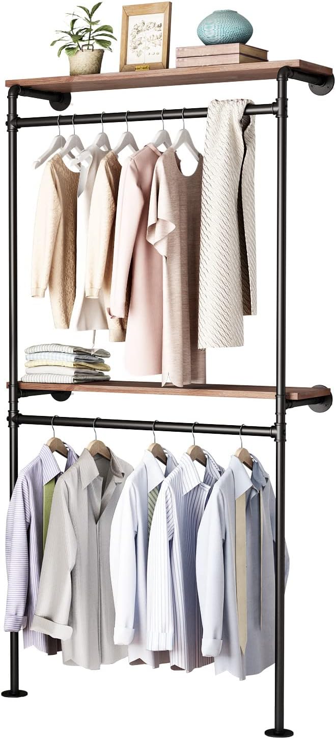 DR.IRON Industrial Pipe Clothing Racks with 2 Tier Shelves, Wall Mounted Blac...
