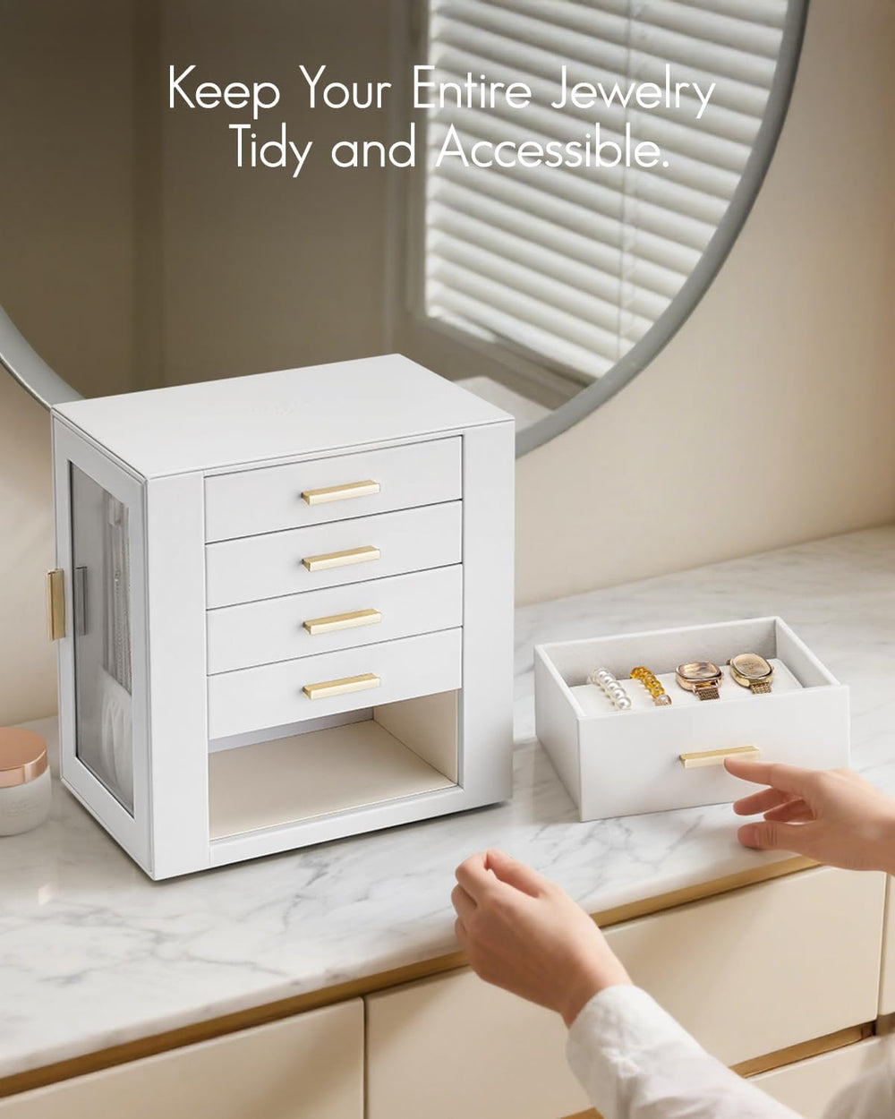 VLANDO 360°Rotating PU Leather Jewelry Box With 5 Drawers & Glass Window