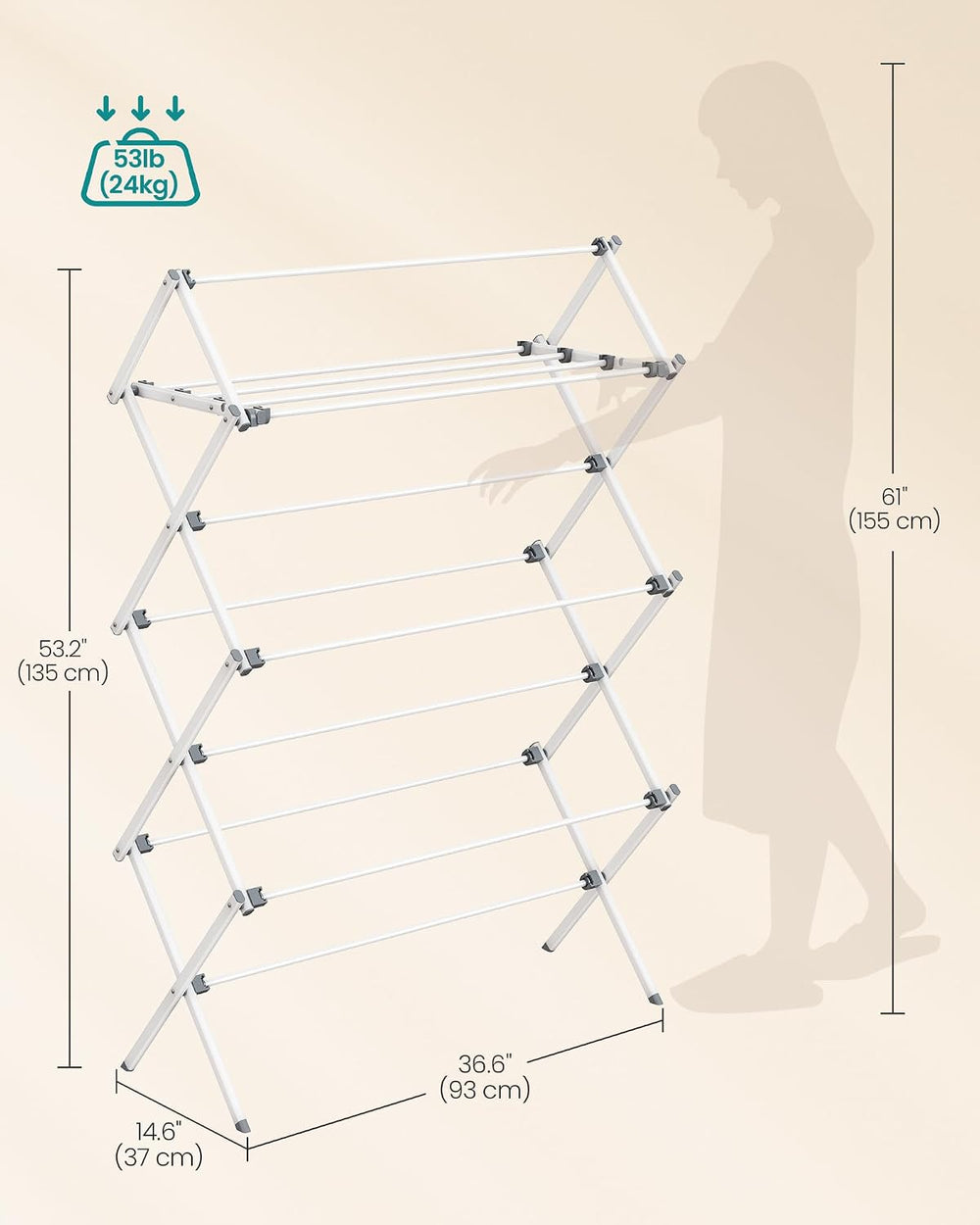 SONGMICS Foldable Clothes Drying Rack, 36.6 x 14.6 x 53.2 Inches