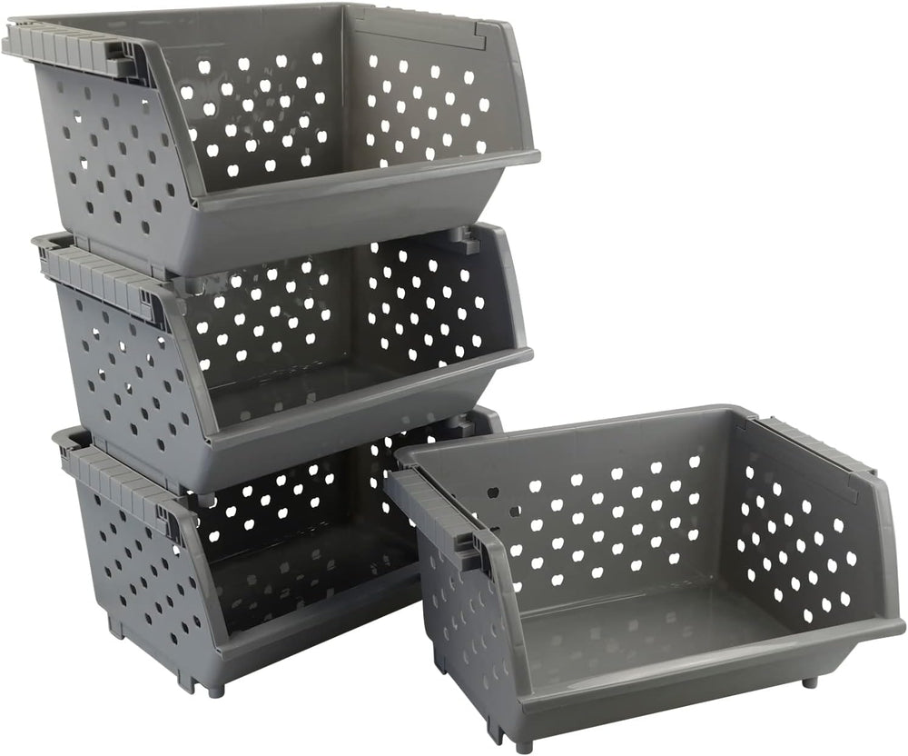 4 Pack Stackable Detachable Storage Baskets, Stacking Bins for Organizing, Grey
