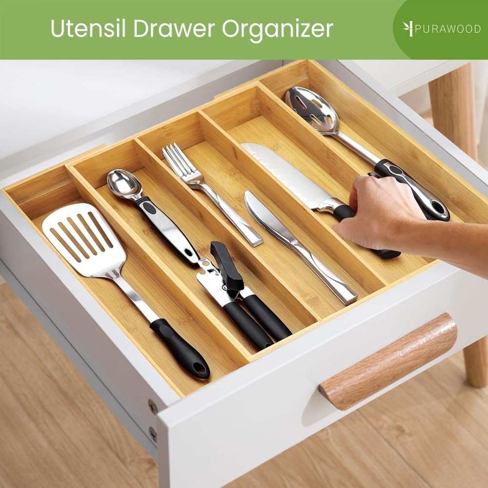 Purawood Expandable Kitchen Drawer Organizer 3-5 Slots, Natural