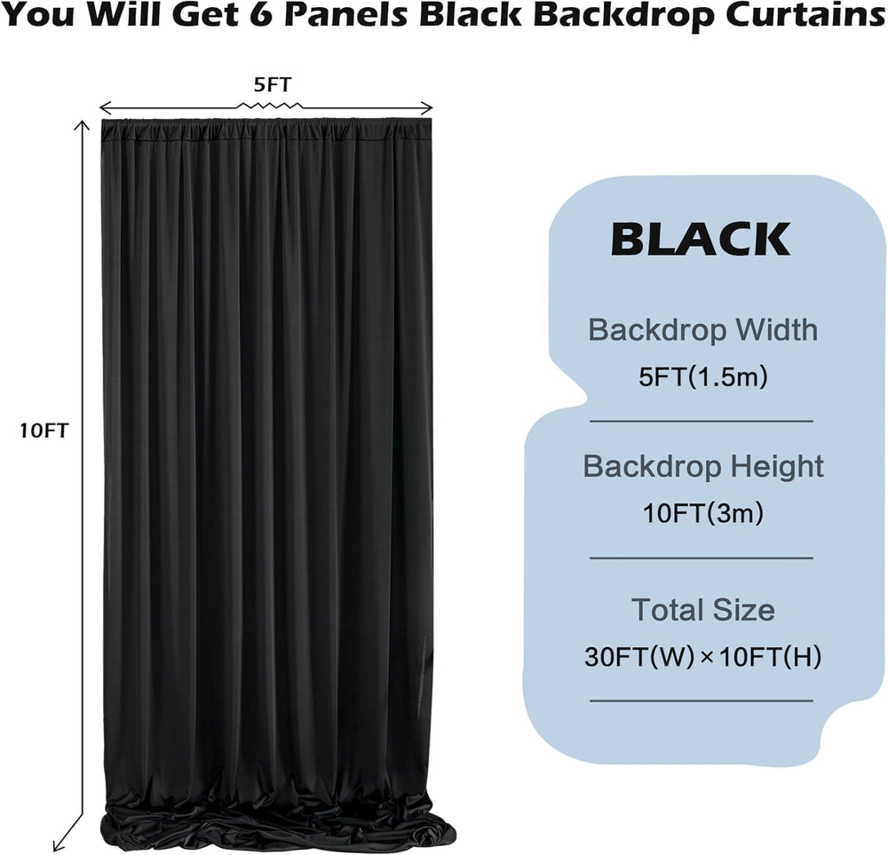 30 ft x 10 ft Wrinkle Free Black Backdrop Curtain for Parties, 6 Panels Silky...