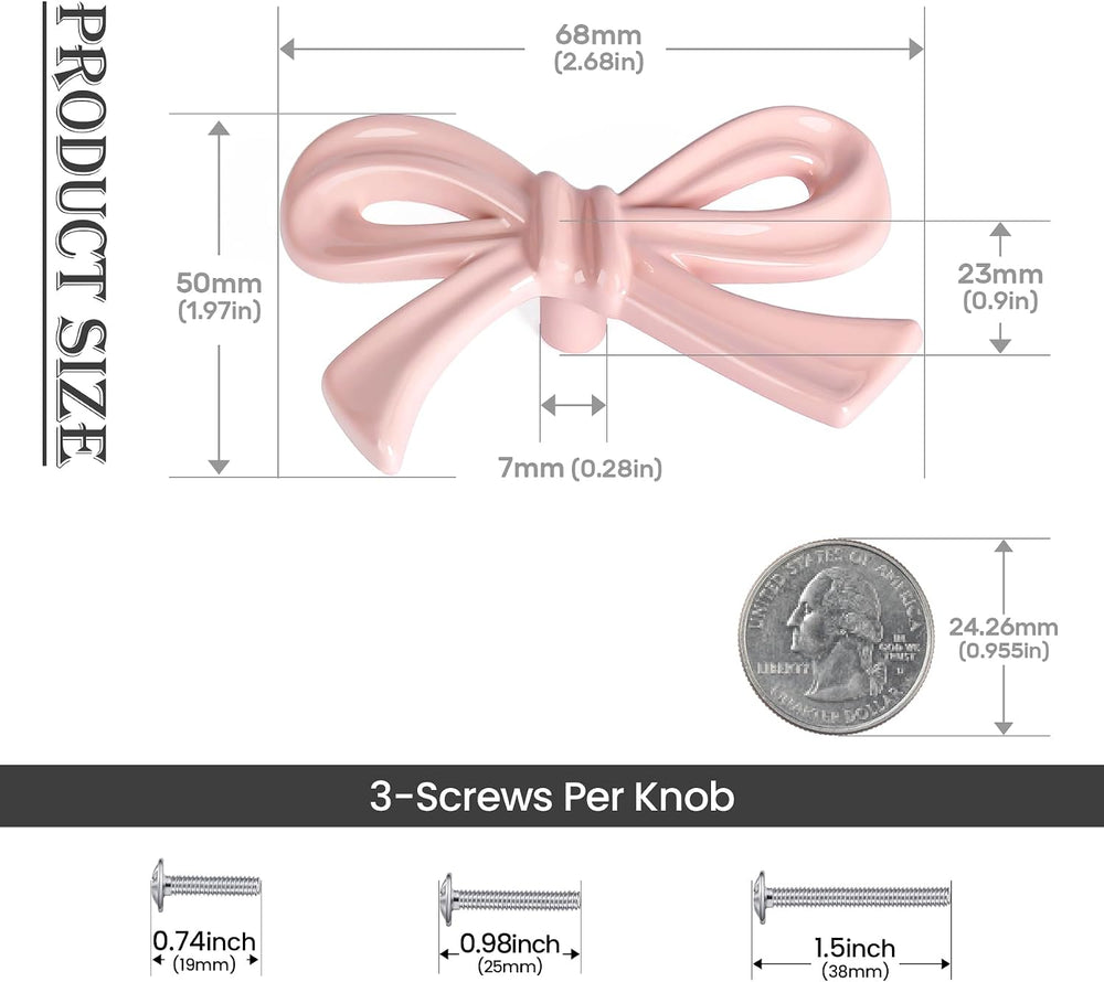 8 Pack Large Pink Bow Dresser Cabinet Knobs, 2.7 Inches