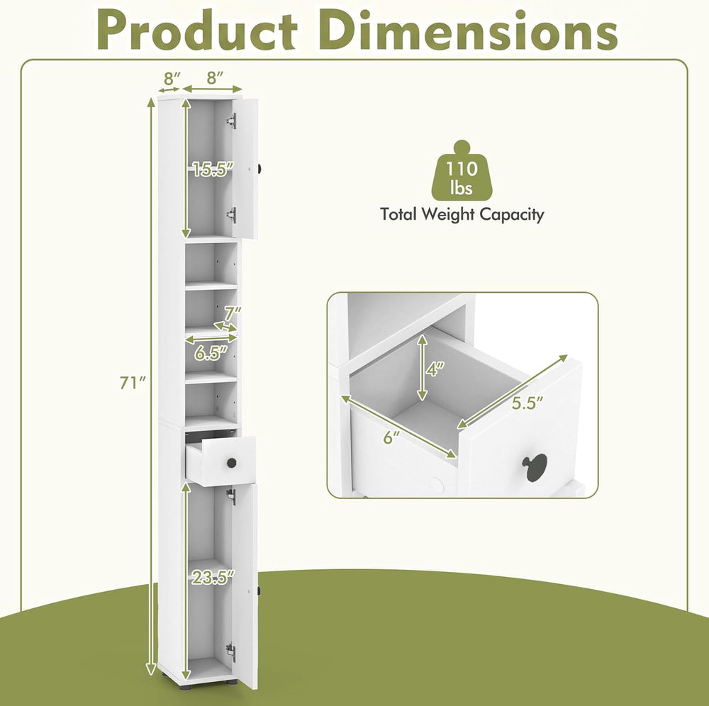 COSTWAY 71" Tall Slim Bathroom Storage Cabinet, 1 Drawer, 2 Doors, White