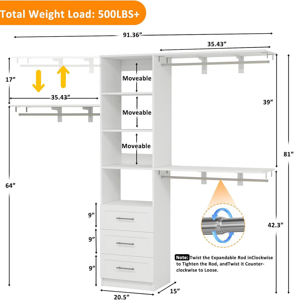Closet System with Drawers, 5-8FT Closet Organizer Systems with Expandable Ha...