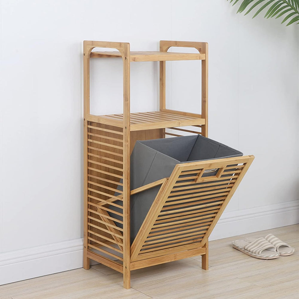 Tilt-Out Laundry Hamper Cabinet, Bamboo Laundry Basket Organizer with Removab...