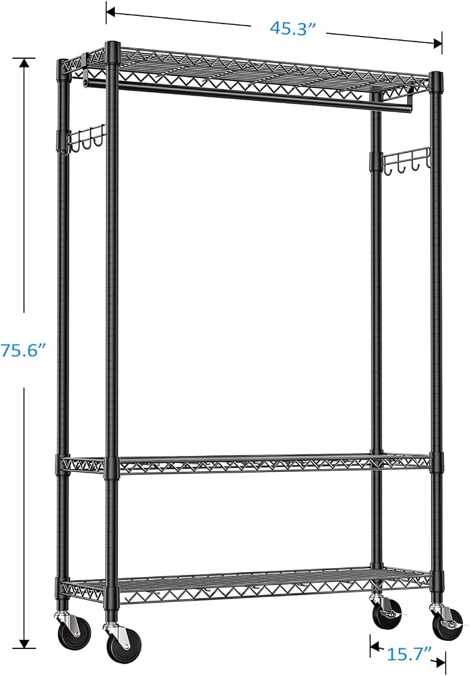 IZEUK 3 Tier Heavy Duty Rolling Garment Rack Wire Clothes Rack