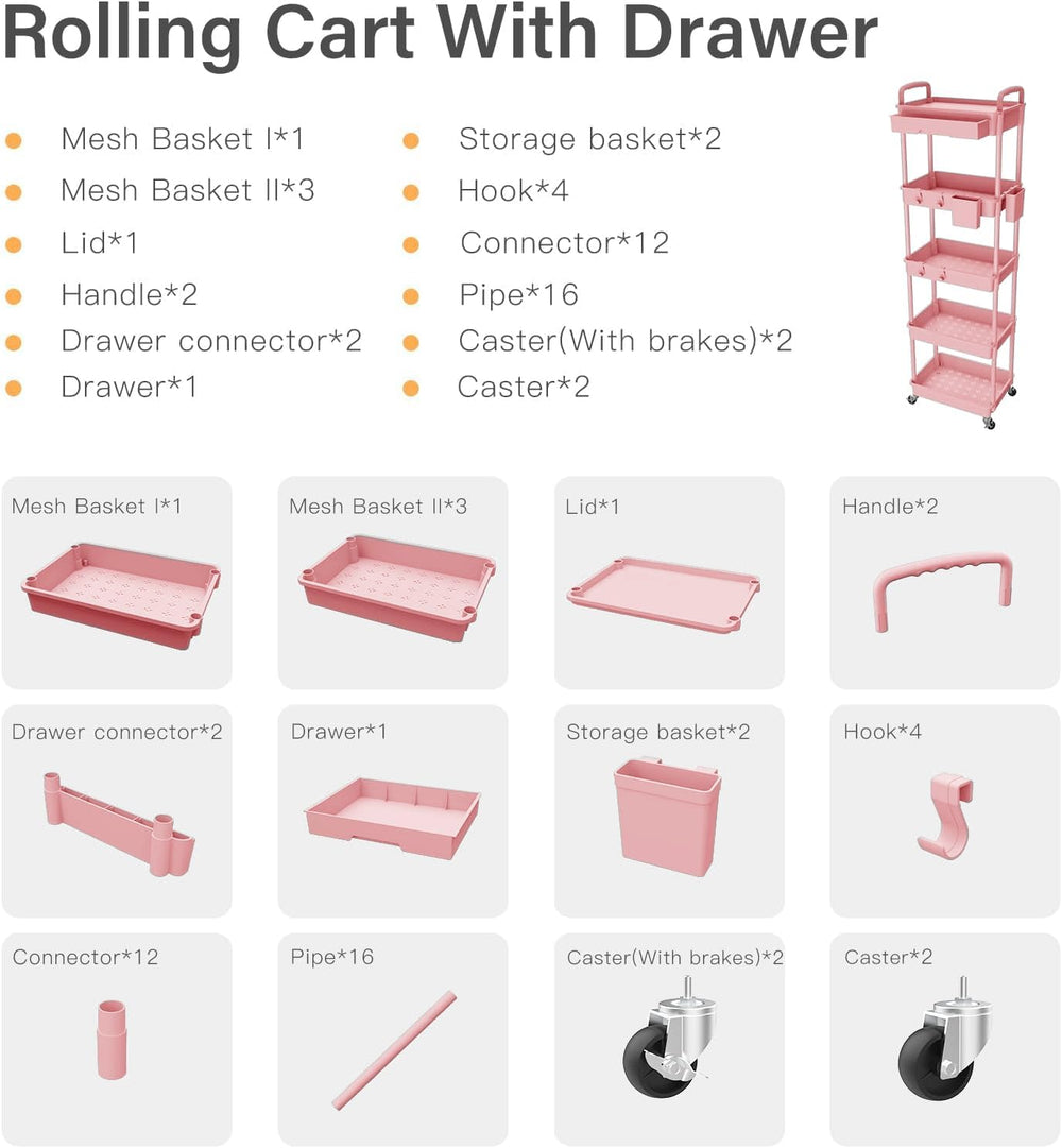 Sorgion 5 Tier Rolling Cart Organizer,Bathroom Cart Organizers with Wheels La...