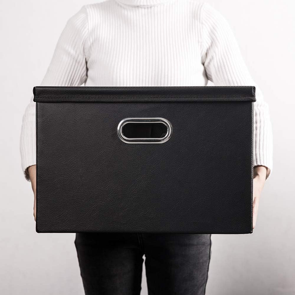 PRANDOM Large Foldable Storage Bins with Lids [3-Pack] Leather Fabric Collaps...