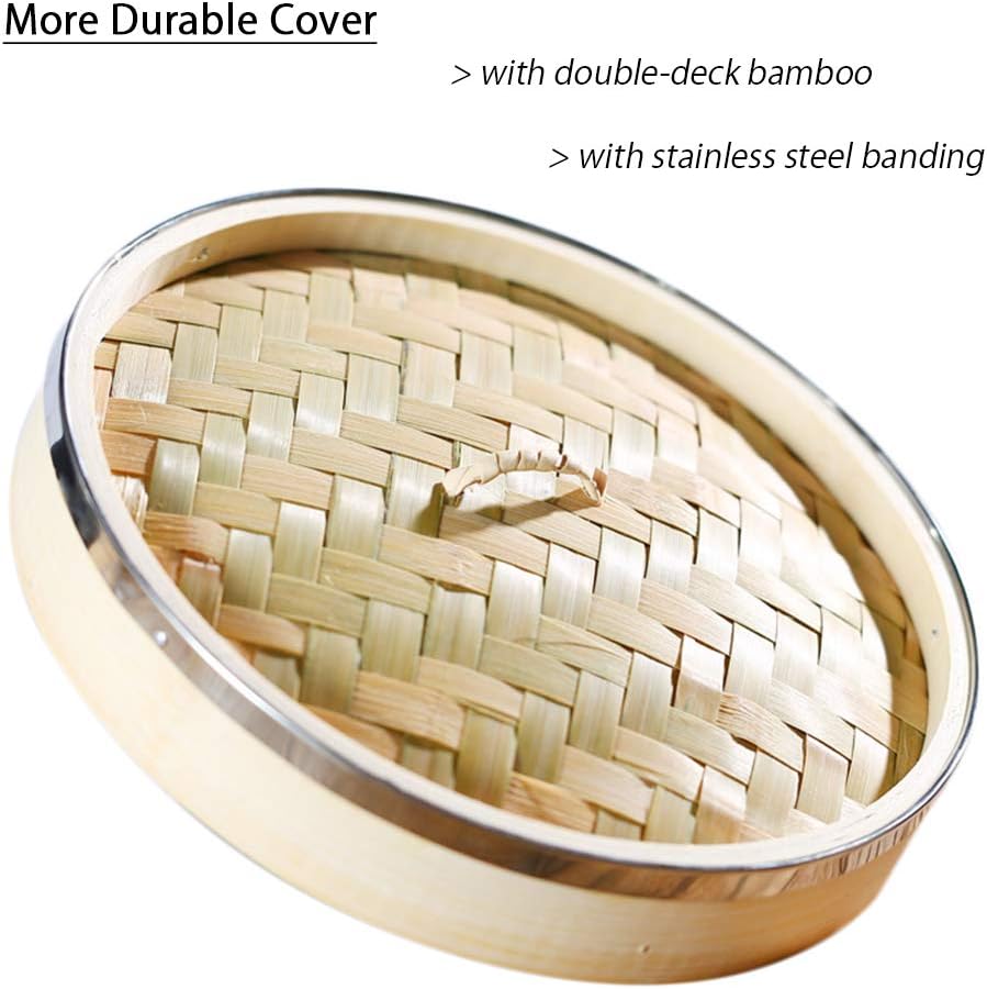 2-Tier Kitchen Bamboo Steamer with Stainless Steel Rings for Asian Cooking | ...