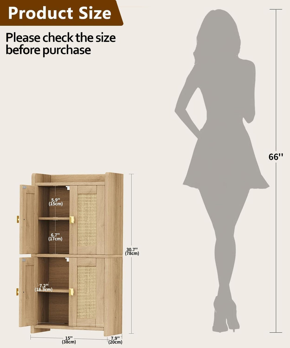 15" Rattan Small Bathroom Cabinet 4 Doors Adjustable Shelf Oak