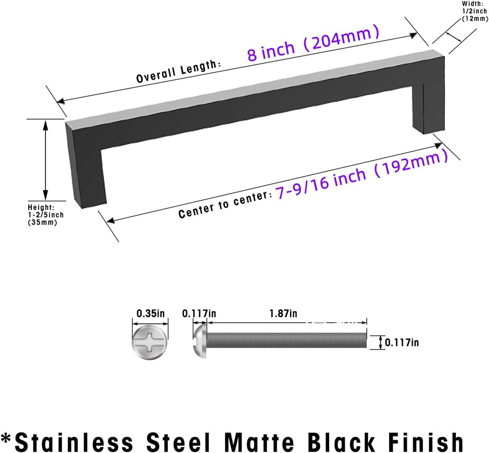 Matte Black 7-9/16 Inch Cabinet Handles, 10 Pack Cabinet Pulls