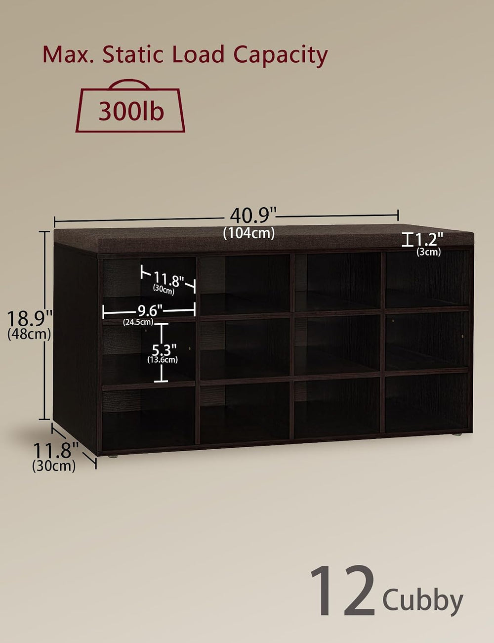 DINZI LVJ Shoe Storage Bench with Cushion, 40.9" Cubby Shoe Rack, 12-Cubby
