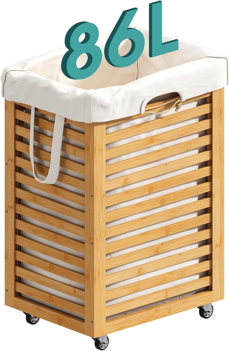 Laundry Hamper, 22.7 Gallon (86L) Bamboo Wood Clothes Laundry Basket with Whe...