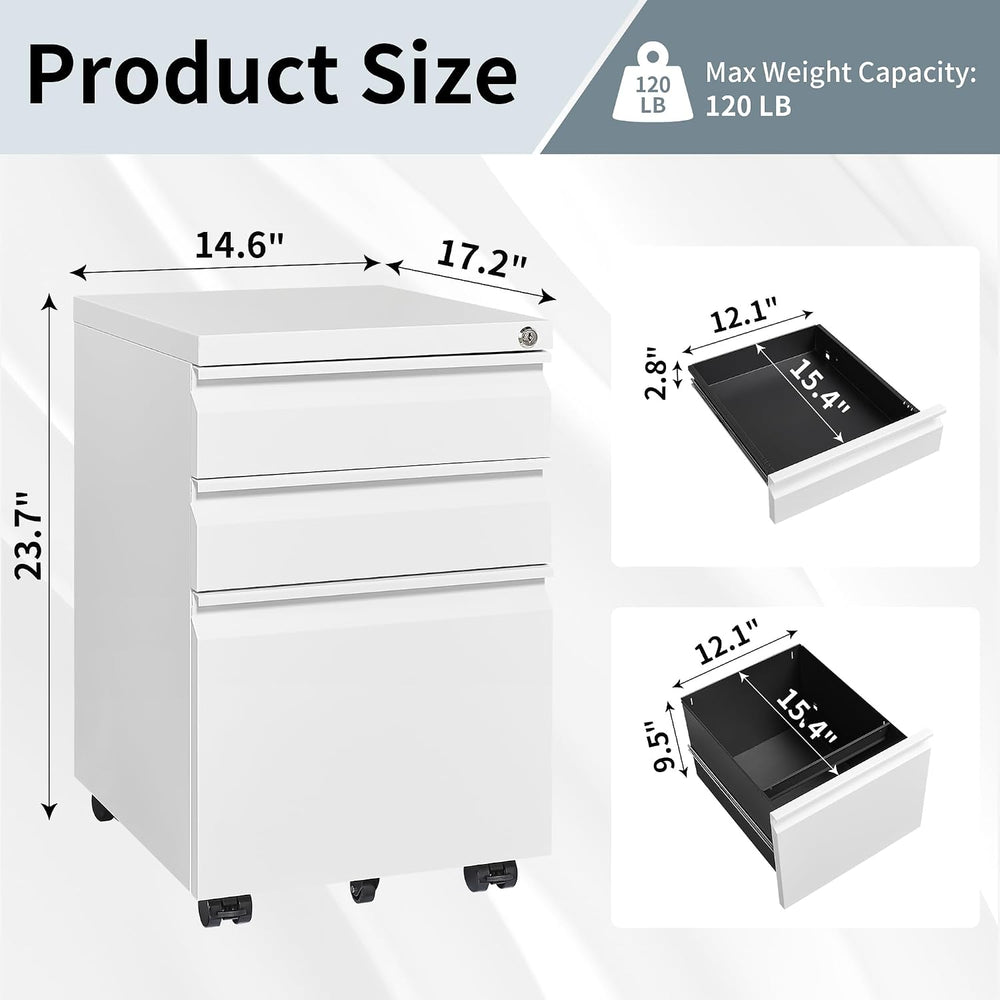 Approgreent Mobile File Cabinet for Home Office, Lockable 3 Drawer Filing Cab...