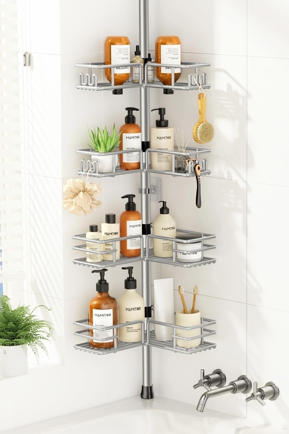 HAMITOR Shower Caddy Tension Pole, 4-Tier No Drill Corner Shower Organizer