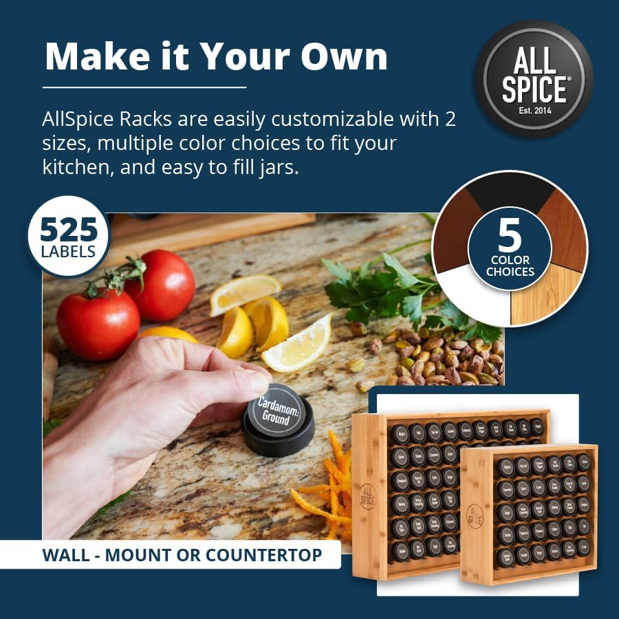 AllSpice Spice Rack Organizer, Wood, 525 Unique Labels, Countertop or Wall Mo...