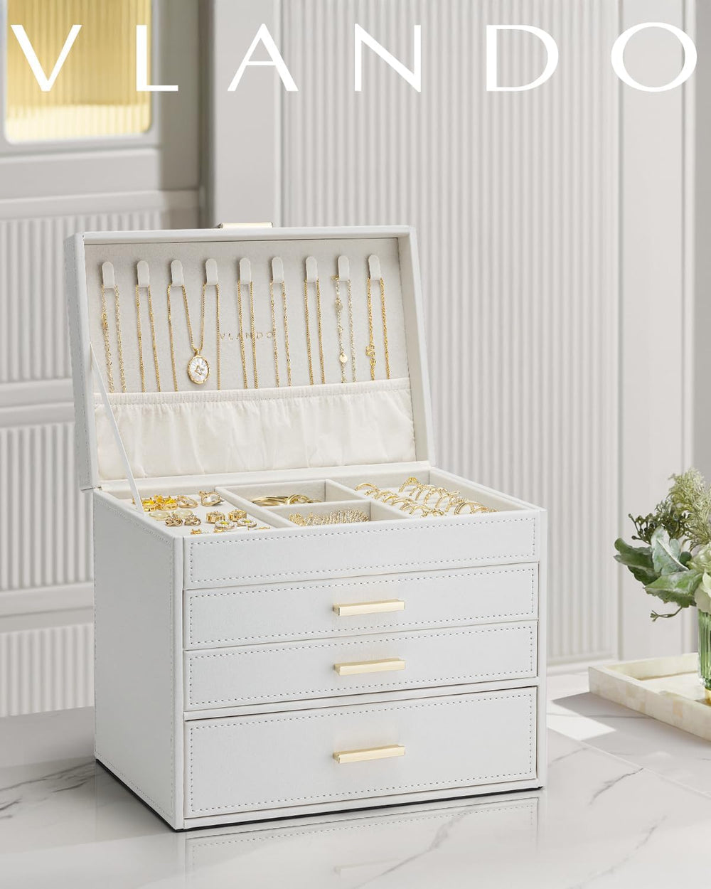 VLANDO Large Jewelry Box, 4 Layer Storage Organizer, Removable Dividers