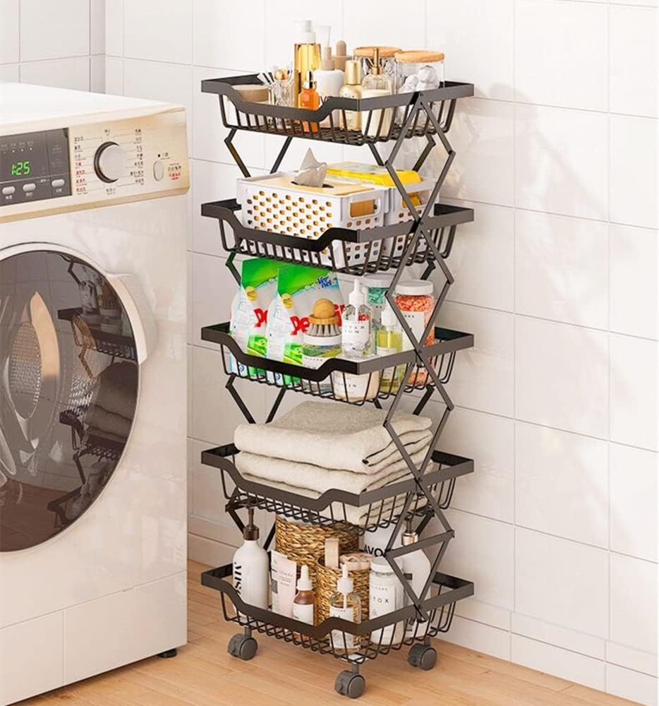 5-Tier Fruit Basket Cart with Wheels, Metal Wire Fruit Vegetable Storage Bask...