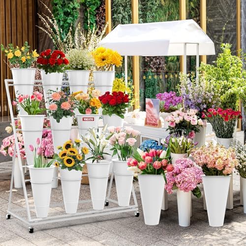 Flower Display Stand with 12 Buckets, 3-Layer Metal Plant Stand with Wheels, ...