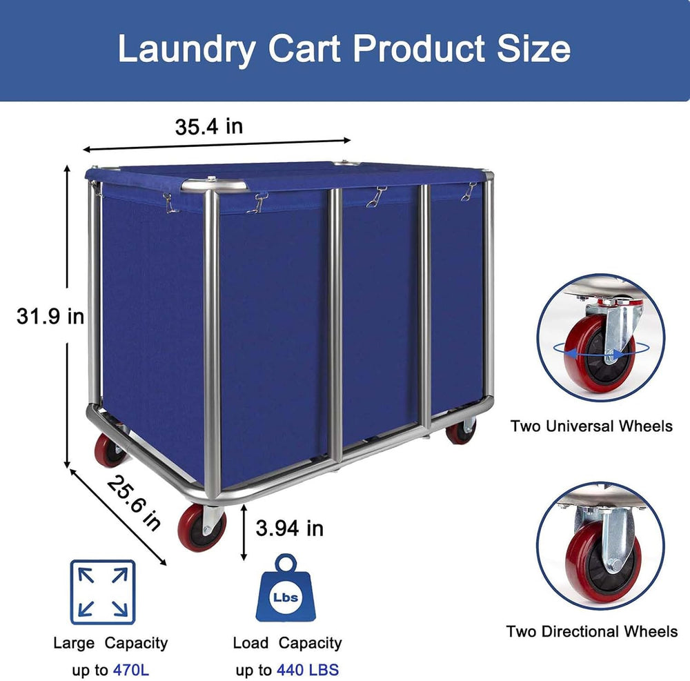Commercial Laundry Cart with Wheels, 470L Industrial Rolling Laundry Basket, ...