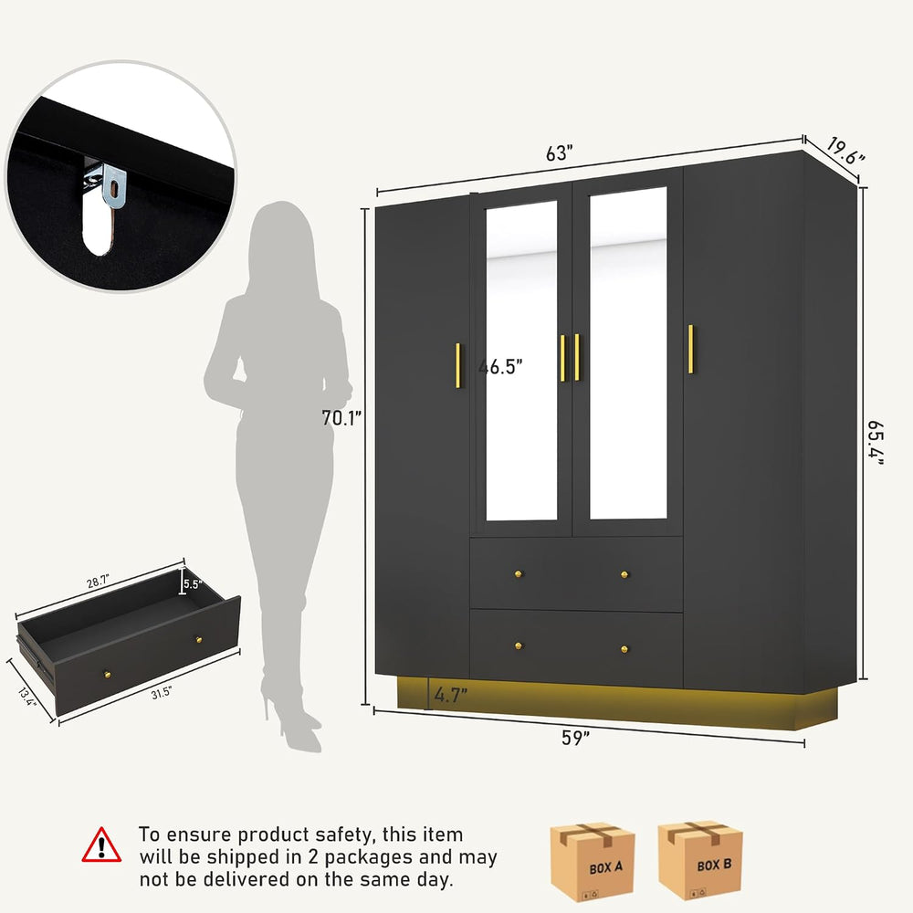 jiteentarou 4 Door Wardrobe Closet with Mirrors and LED Lights, Bedroom Armoi...