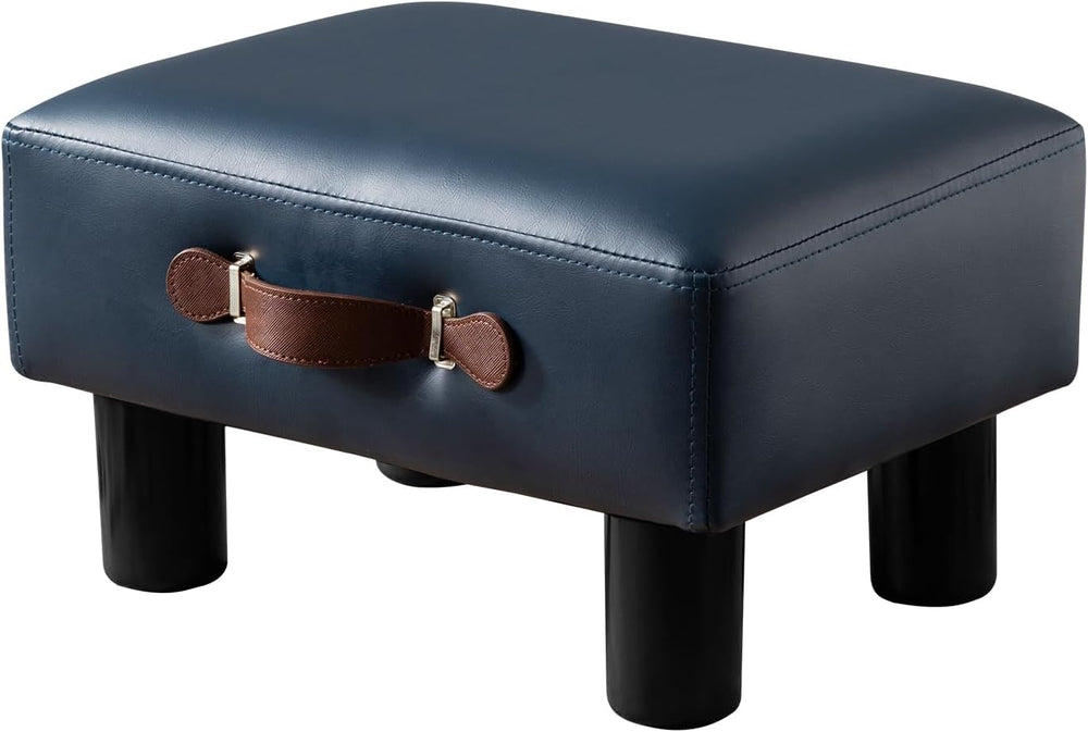 Small Foot Stool with Handle, Blue PU Leather Short Foot Stool Rest, Rectangl...