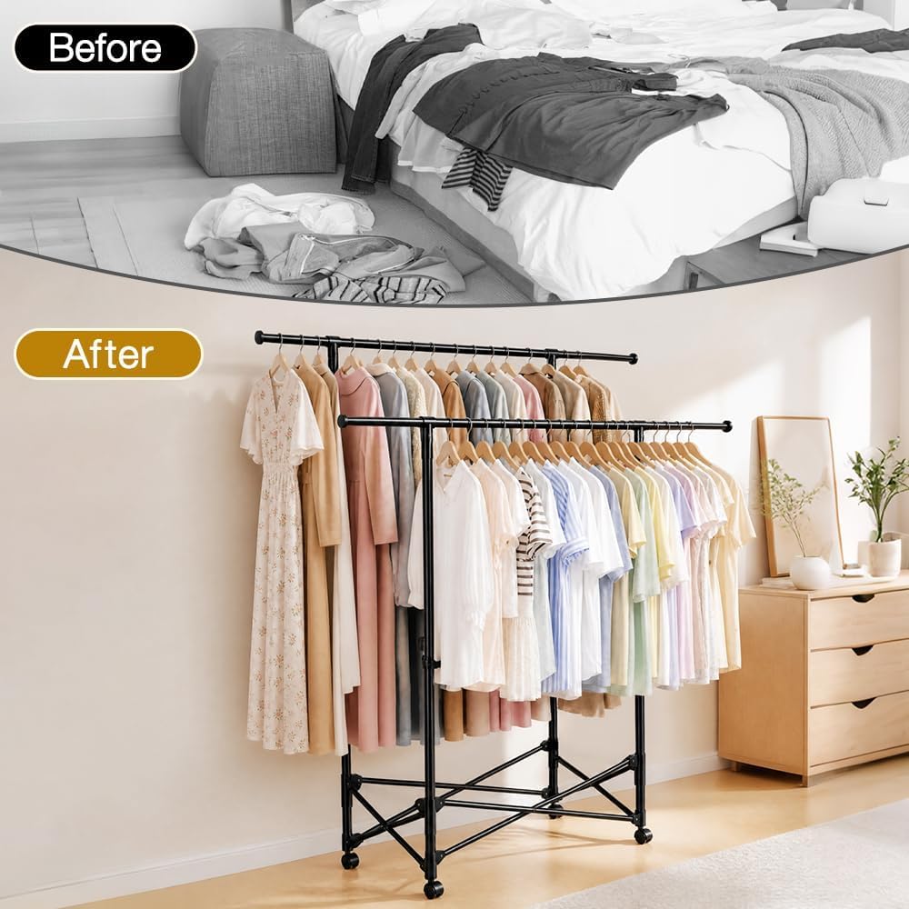No-assembly Clothes Rack，Double Rod 59-Inch Rolling clothing rack