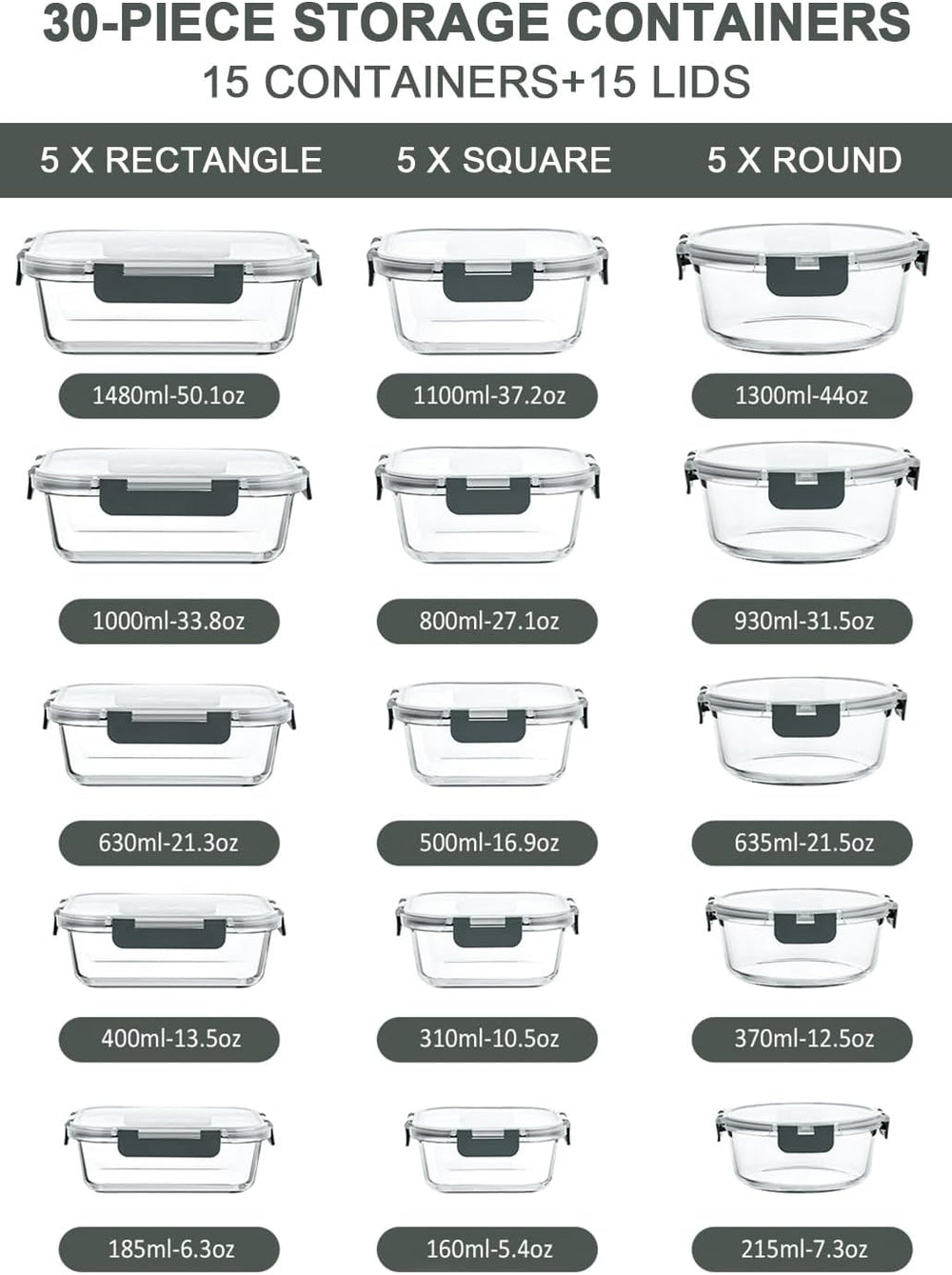 M MCIRCO 30 Piece Extra Large Glass Food Storage Containers with Lids,Gray