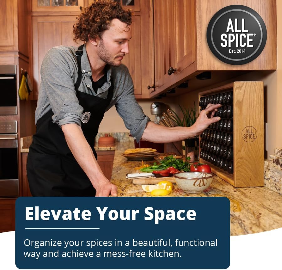 AllSpice Spice Rack Organizer, Wood, 525 Unique Labels, Countertop or Wall Mo...