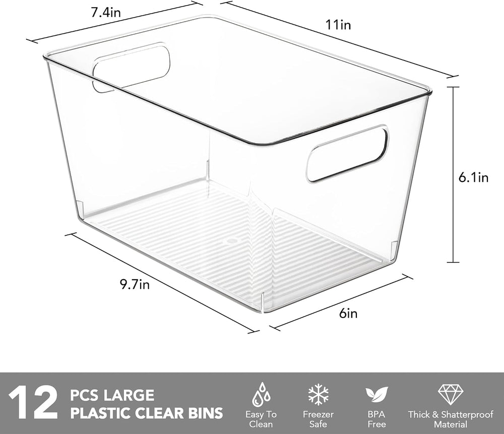 Tiawudi 12 Pack Large Clear Storage Bins, Pantry Organizers with Handles