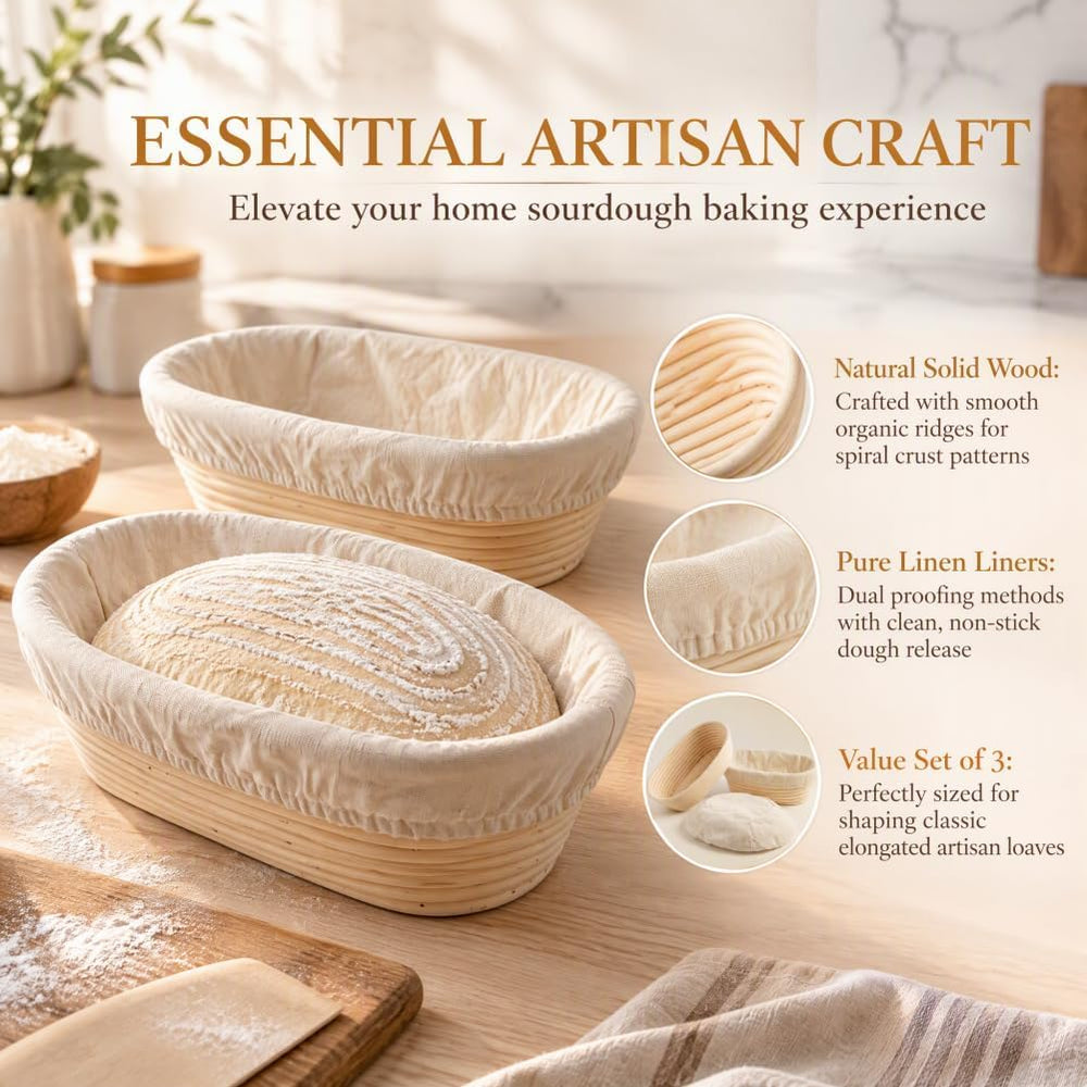 3 Pcs 10 Inch Oval Banneton Bread Proofing Baskets with 9 Cotton Liners