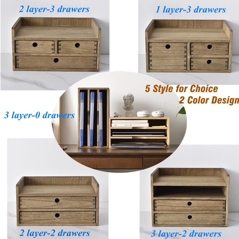 KIRIGEN Wooden Desk Organizer with 3 Drawers and Top Shelf Brown DT2D3C-DBR