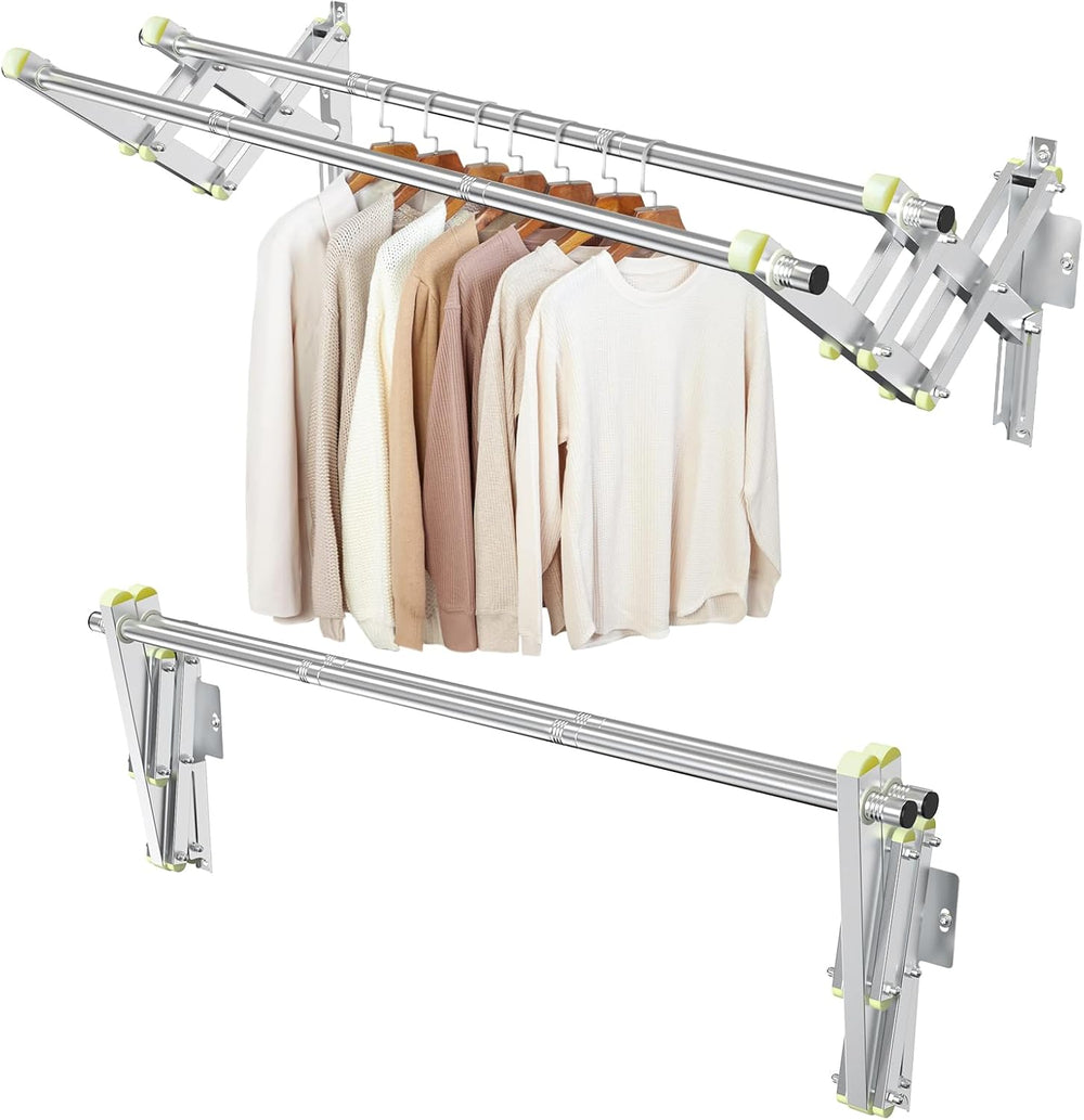 Foldable Wall Mounted Clothes Rack- Double 44'' Long Rod & 2 Thic...