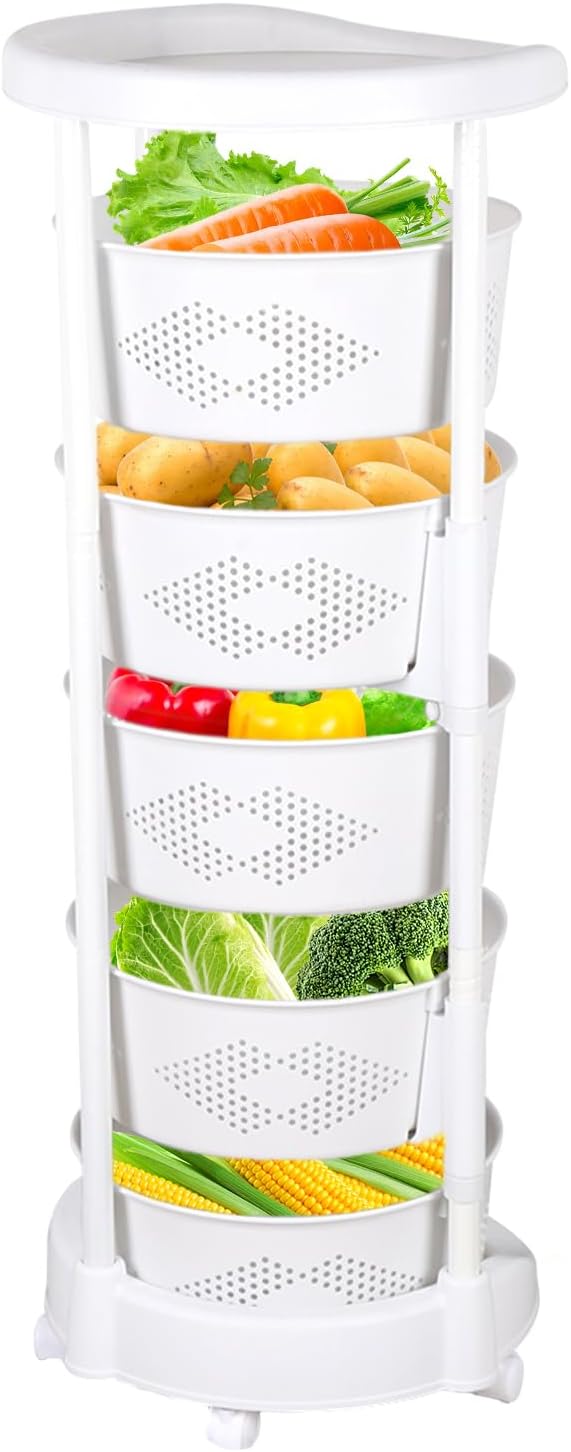 Rotating Storage Rack, 5-Tier Rotating Fruit Basket Racks For Kitchen, Movabl...