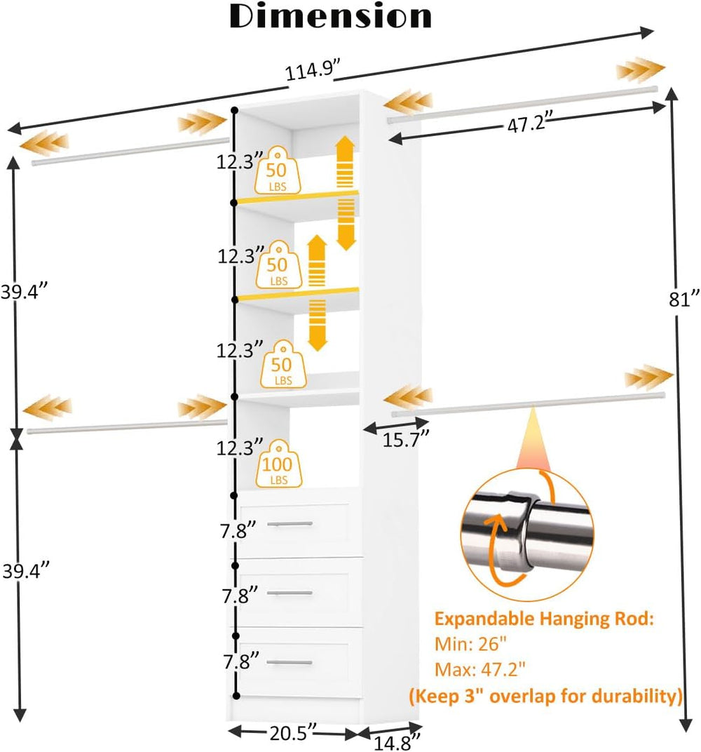 Closet System with Drawers, 5FT-9FT Custom Closet Organizer System 114.9&quot...