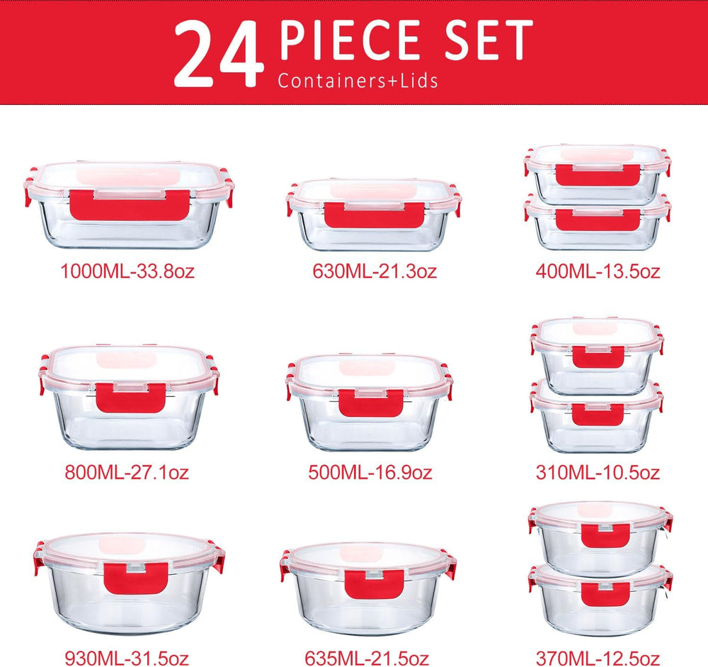 M MCIRCO 24 Piece Glass Food Storage Containers with Lids, Red