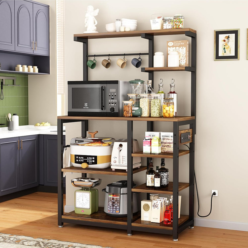 Large Bakers Rack with Power Outlet, Coffee Bar & Microwave Stand