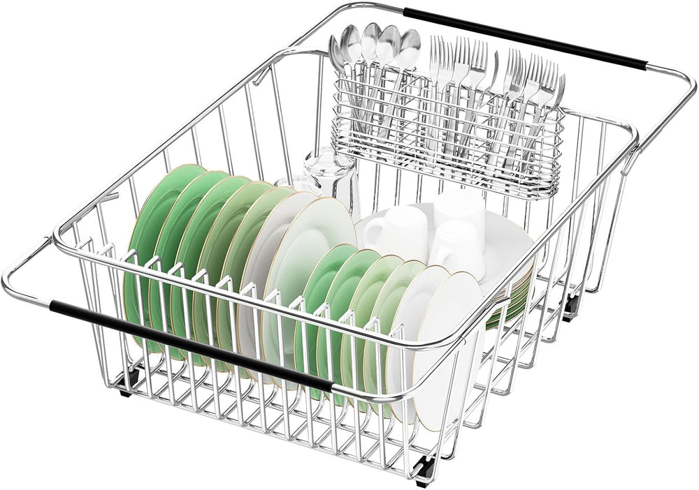 Large Sink Dish Drying Rack, Expandable 304 Stainless Steel Metal Dish Drainer
