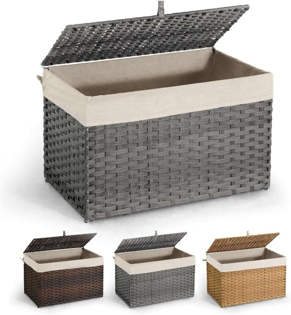 CAPHAUS Handwoven Storage Basket w/Lid and Handles, 2 Removable Liner Bags, F...