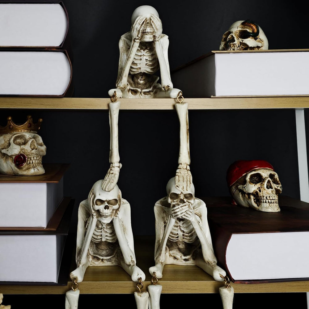 Halloween Skeleton Statues Set of 3, White Halloween Resin Skeleton Decor