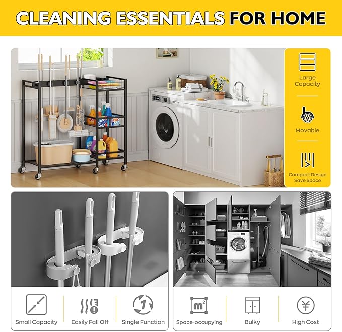 Broom Holder with Cleaning Supplies Organizer, Movable Broom Closet Storage