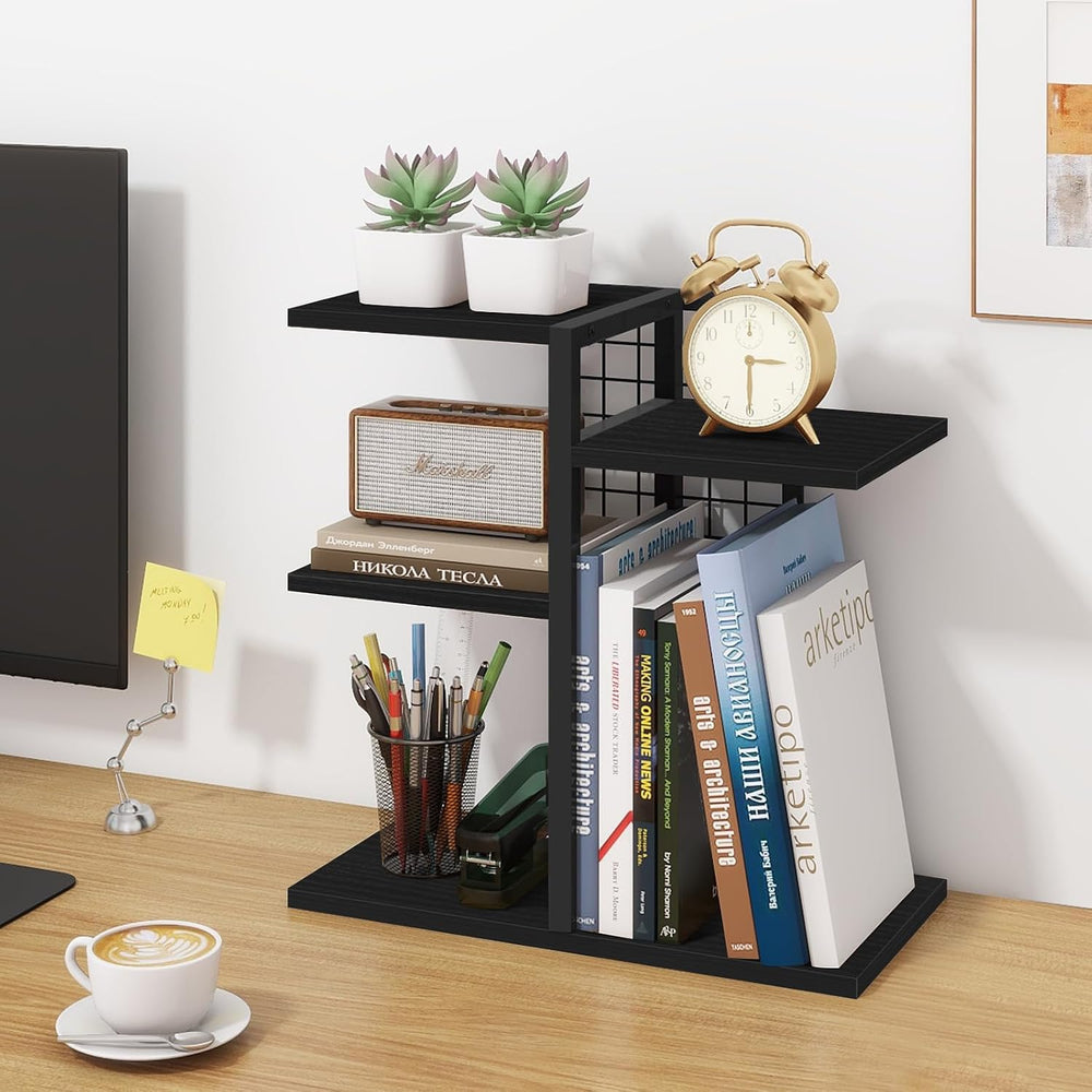 Desktop Bookshelf, 4 Tier Wood Desk Organizer Shelf, Tabletop Storage Shelf R...