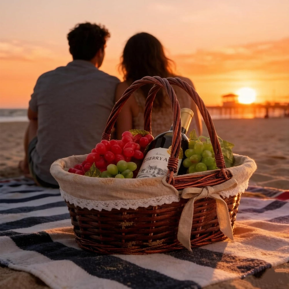 Dicunoy Wicker Basket with Handle, Picnic Baskets with Liner, Empty Gift Gard...