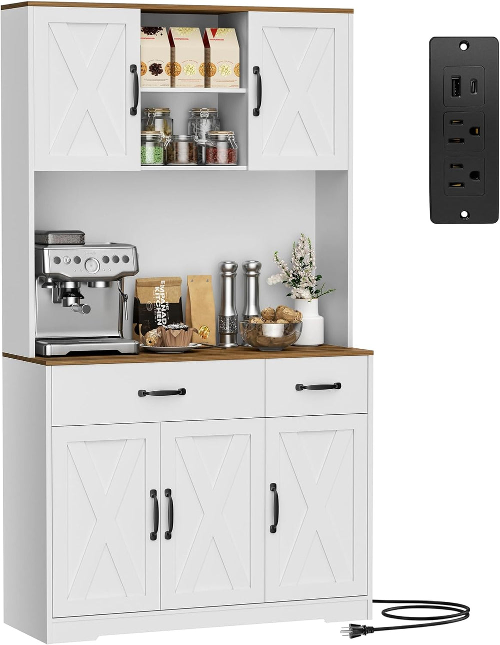 67" Tall Pantry Cabinet with Charging Station, Farmhouse Kitchen Storage...