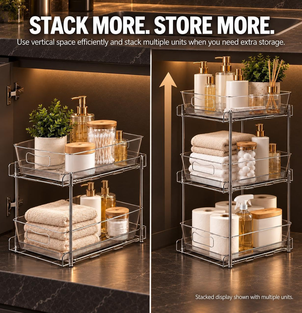 4 Pack Pull Out Bathroom Under Sink Organizer, Clear 2-Tier Cabinet Storage