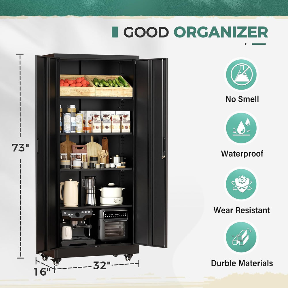 Greenvelly Metal Garage Storage Cabinet with Wheels, Black 73" Rolling M...